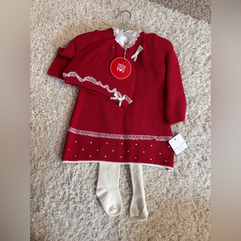 Red knit infant 6-9 month dress with hat and leggings. New with tags
